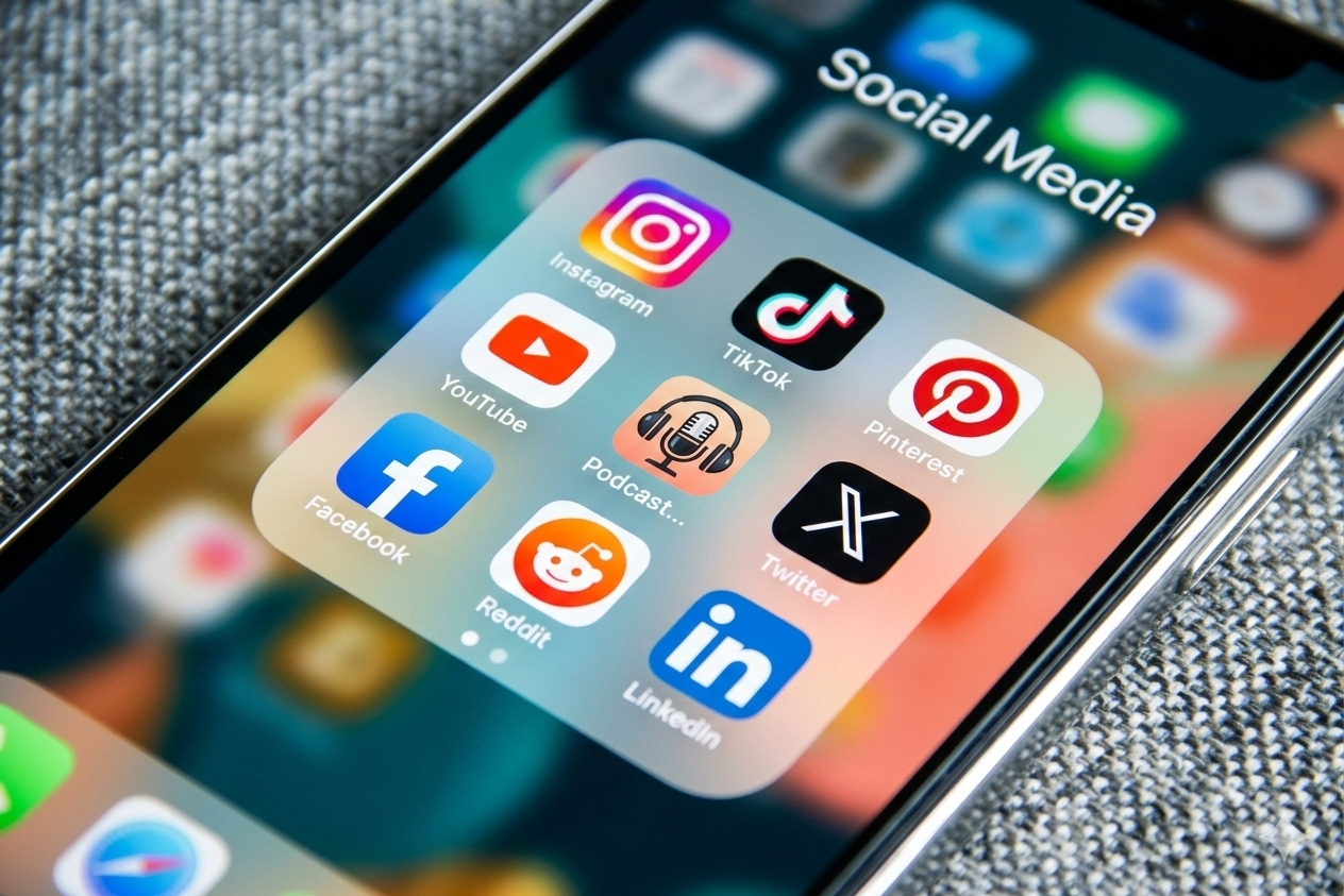 A high-angle, macro shot of a mobile phone showing marketing apps like Instagram and LinkedIn, styled with a deep red aesthetic for a professional business website.