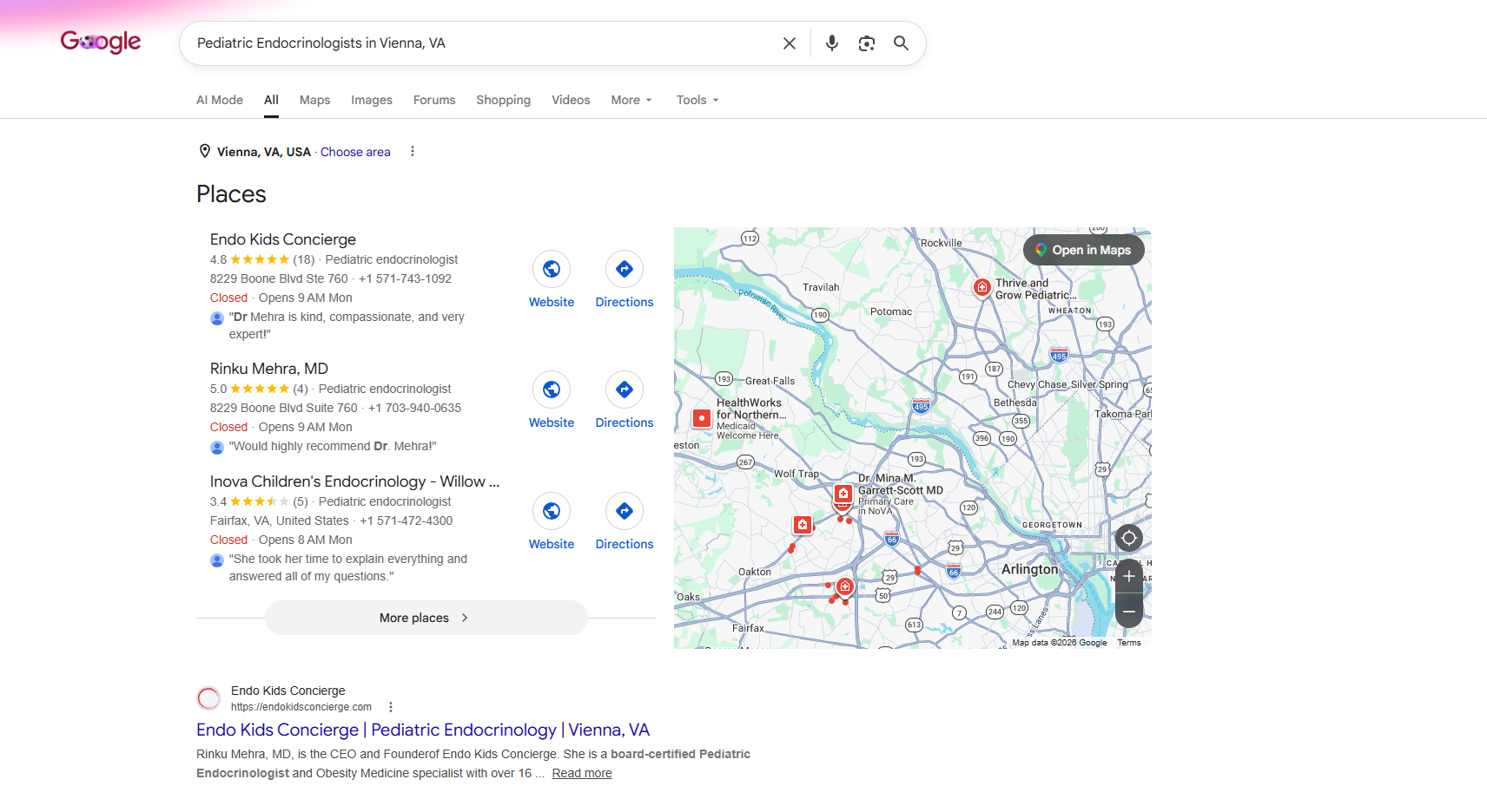 Google search results showing Endo Kids Concierge ranked #1 for Pediatric Endocrinologists in Vienna, VA