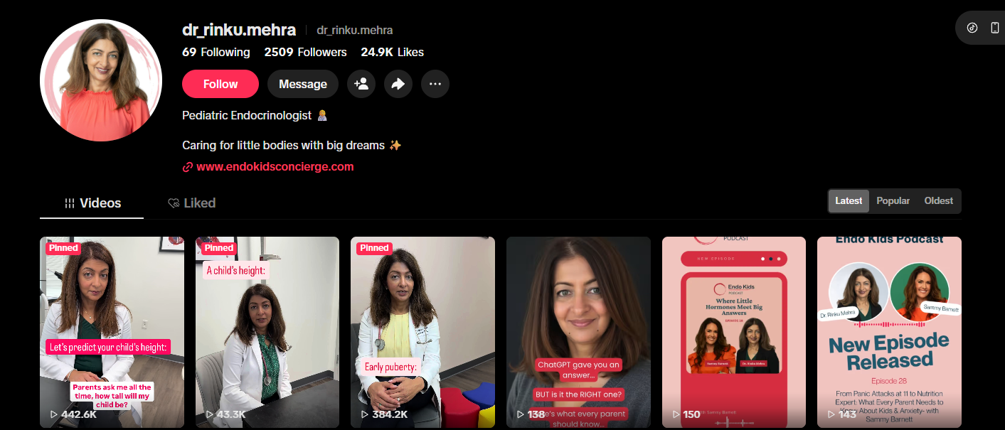 TikTok profile @dr_rinku.mehra showing 2,509 followers, 24.9K likes, and pinned videos with up to 442.6K views