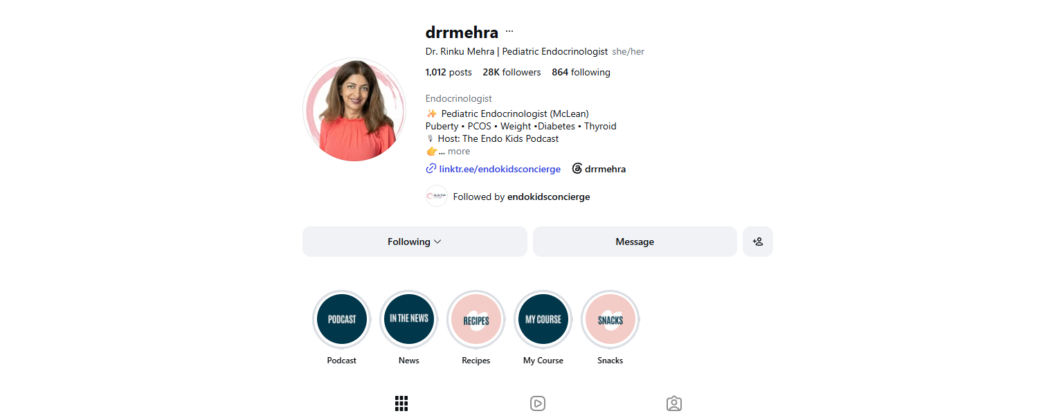 Dr. Rinku Mehra's Instagram profile, @drrmehra, showing 28K followers and 1,012 posts