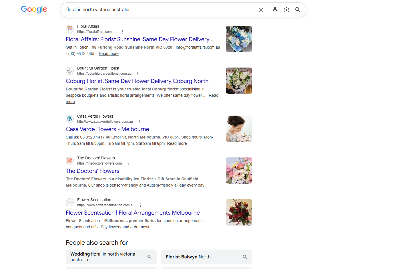 Google search results showing Floral Affairs ranking for florist Sunshine local searches
