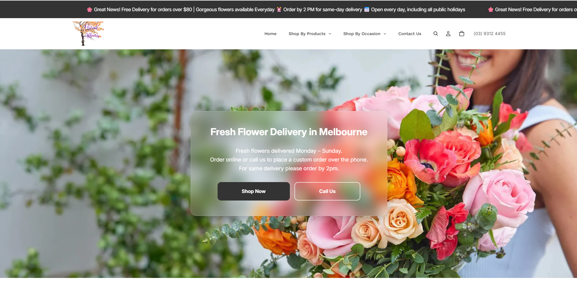 Floral Affairs product collection page showing quick add-to-cart buttons and occasion-based categories