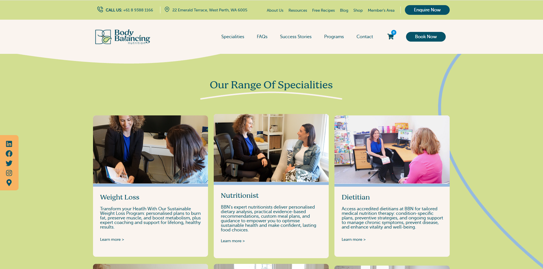 Body Balancing Nutrition speciality service page showing intent-specific messaging and consult booking path