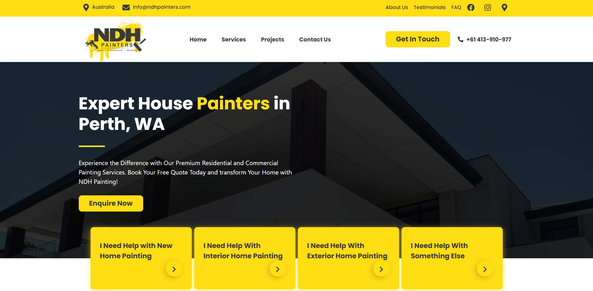 NDH Painters website showing the redesigned homepage and service page layout