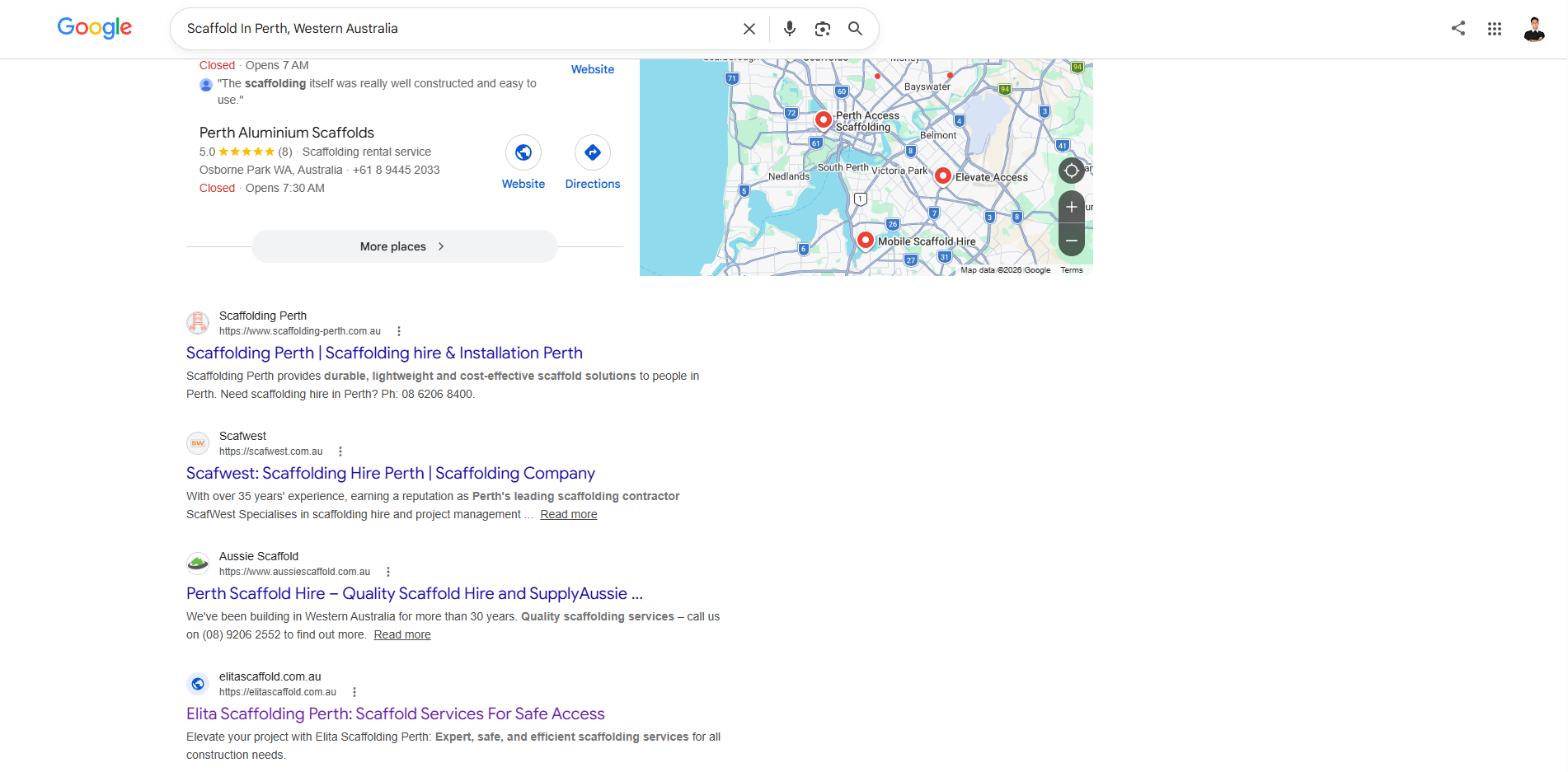Google search results showing Elita Scaffold ranking 3rd locally for scaffolding Perth