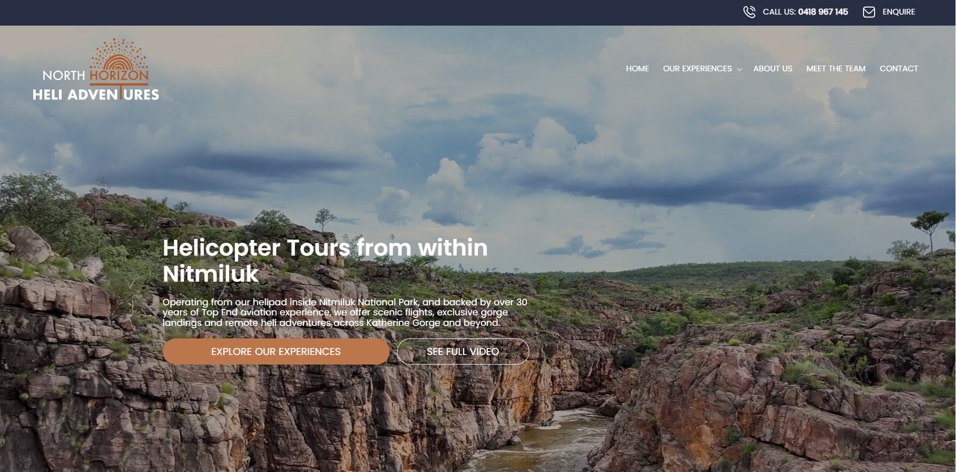North Horizon Heli Adventures homepage showing the redesigned layout with experience-led navigation