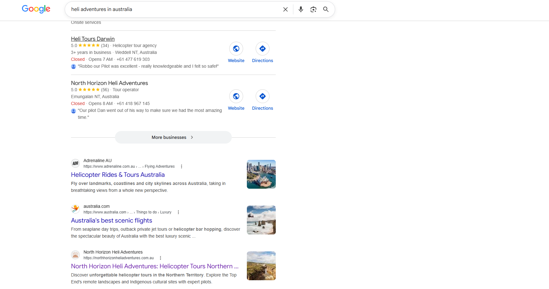 Google search results showing North Horizon Heli Adventures ranking 3rd for heli adventures in Australia
