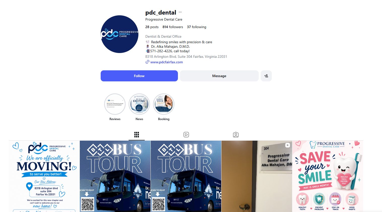 Progressive Dental Care Instagram feed showing consistent content and branding