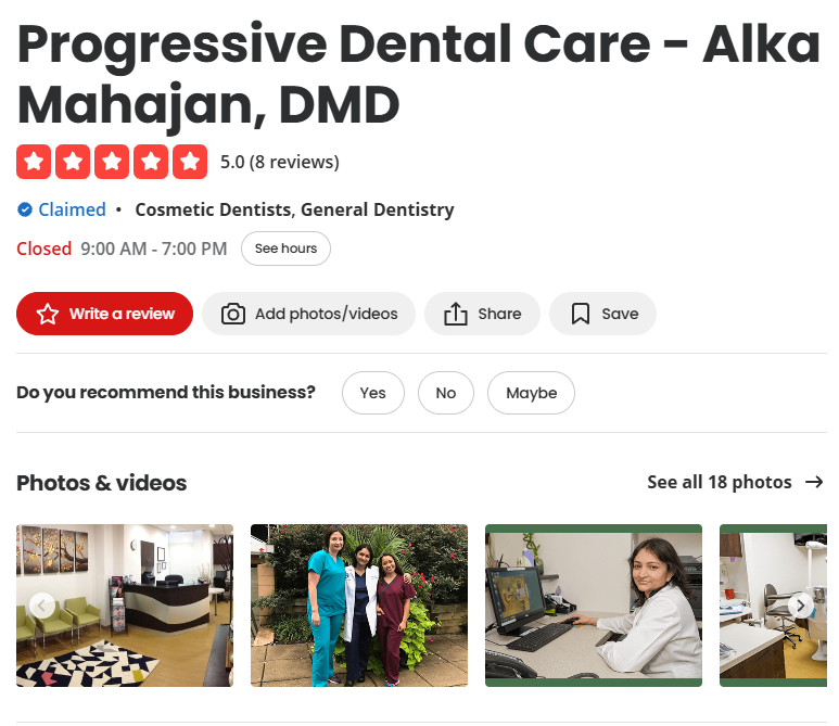 Progressive Dental Care 225 plus 5-star reviews shown prominently