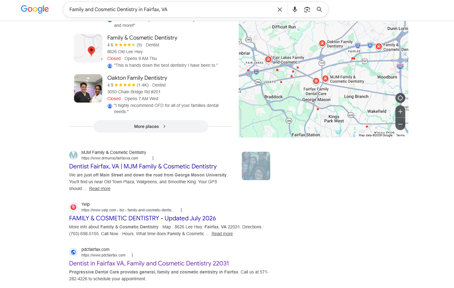 Google search results showing Progressive Dental Care ranking 3rd for family and cosmetic dentistry in Fairfax VA