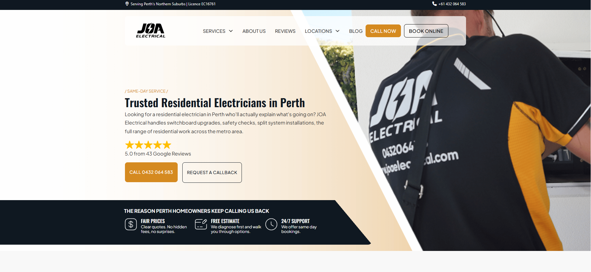 JOA Electrical homepage showing the redesigned, trust-first layout