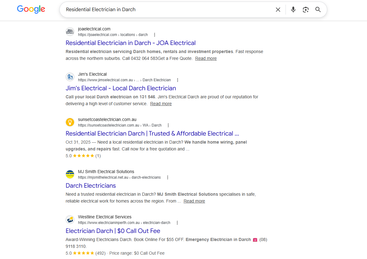 Local search result showing JOA Electrical ranking in the map pack